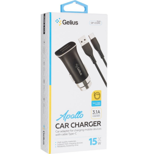 Автомобильное зарядное устройство Gelius Apollo GP-CC01 2USB 3.1A 15W + кабель Type-C Black